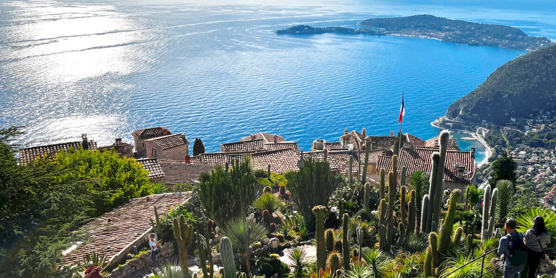 Scenic view from the Exotic Garden in Èze overlooking rooftops and the Mediterranean Sea