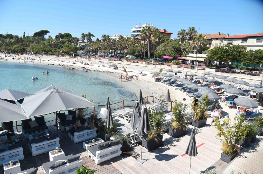 Royal Antibes Hôtel & Spa – Stylish Beachfront Resort on the French Riviera with Private Lounge Area Beachfront view of Royal Antibes Hôtel & Spa with sun loungers, umbrellas, and seaside terrace lounge