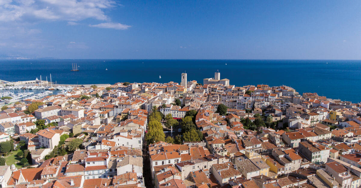 Aerial view of the old town of Antibes with its historic buildings and marina on the French Riviera