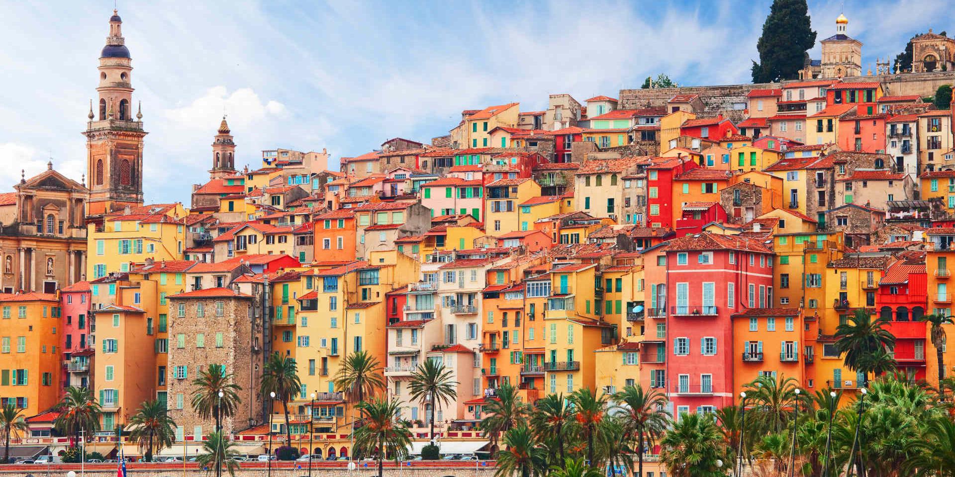 Colorful buildings and churches in Menton, a picturesque town on the French Riviera
