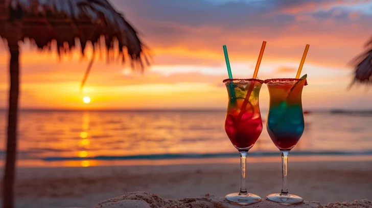 Watch the sunset with cocktails at Blue Beach in Nice Two colorful cocktails at sunset on the beach with ocean backdrop