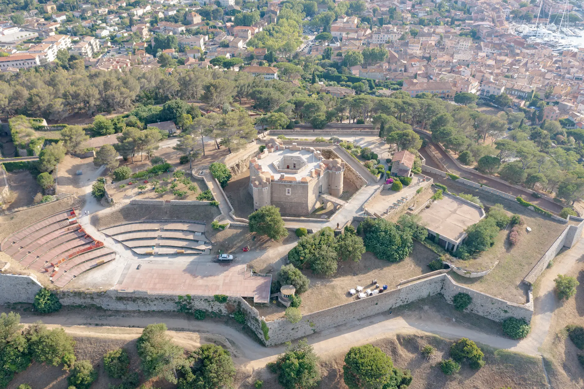 Citadel of Saint-Tropez – Panoramic Fortress Overlooking the Riviera Aerial view of the 17th-century Citadel of Saint-Tropez and amphitheater
