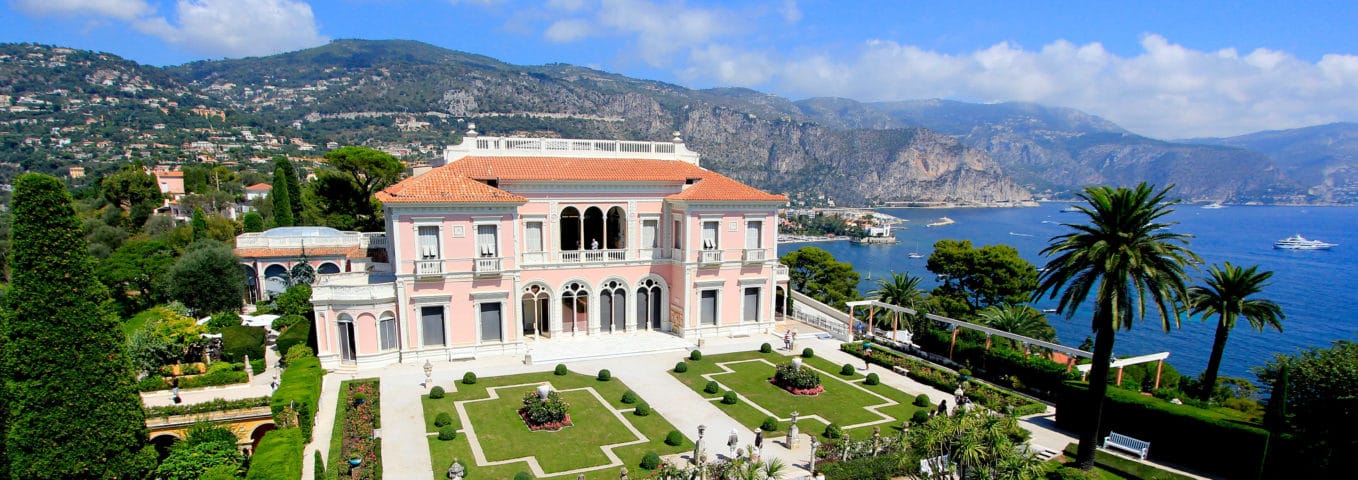 Villa Ephrussi Gardens with coastal views Panoramic view of Villa Ephrussi and its gardens by the sea